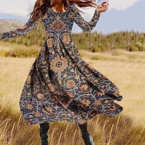 

Women's Casual Dress Swing Dress Midi Dress Gray Long Sleeve Floral Pocket Winter Fall Spring Crew Neck Fashion Daily Weekend 2022 S M L XL XXL 3XL