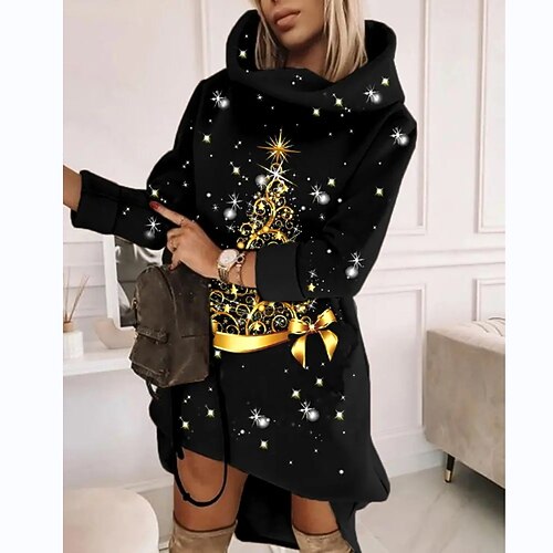 

Women's Sweatshirt Dress Shift Dress Black Dress Mini Dress Black Long Sleeve Graphic Print Winter Fall Autumn Hooded Fashion Christmas 2022 S M L XL 2XL 3XL