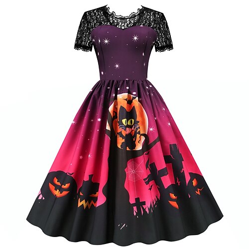 

Women's Vintage Dress Green Black Purple Short Sleeve Lace Fall Spring Crew Neck 2022 S M L XL 2XL 3XL