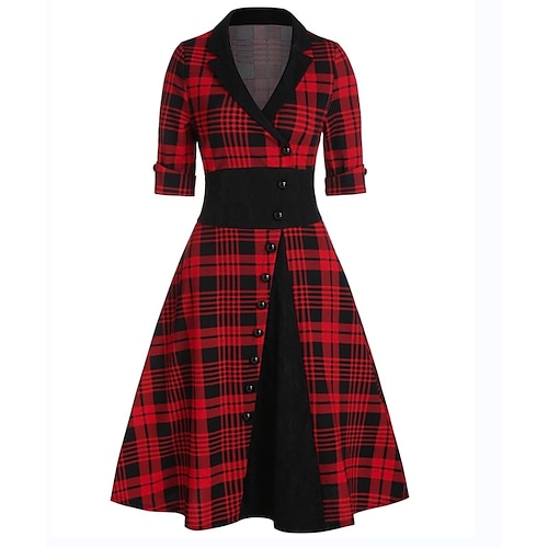 

Women's Casual Dress Shirt Dress Plaid Dress Midi Dress Red Half Sleeve Plaid Button Winter Fall Spring Shirt Collar Modern Christmas Vacation Weekend 2022 S M L XL XXL 3XL