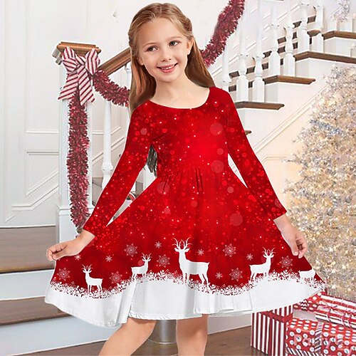 

Kids Girls' Christmas Dress Elk Snowflake Casual Dress Christmas Gifts Casual Red Above Knee Long Sleeve Adorable Daily Dresses Christmas Winter Fall Regular Fit 2-13 Years