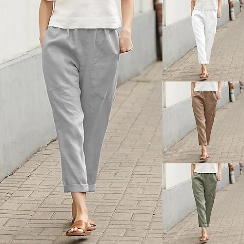 Women's Linen Pants Chinos Faux Linen Pocket Baggy Mid Waist Ankle-Length White Summer