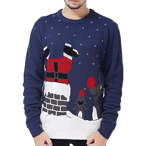 

Men's Sweater Ugly Christmas Sweater Pullover Sweater Jumper Ribbed Knit Cropped Knitted Christmas Pattern Crew Neck Keep Warm Modern Contemporary Christmas Work Clothing Apparel Fall & Winter Blue S