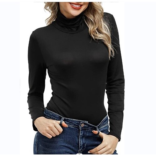 

T shirt Tee Maillot de Corps Chemise de fond Femme Noir Blanche Rouge Foncé Plein manche longue du quotidien Fin de semaine basique Col Haut Normal Standard S