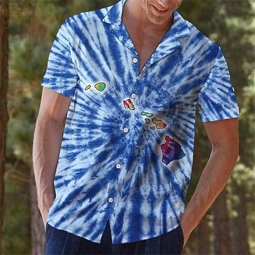 

Men's Shirt Camp Shirt Aloha Shirt Floral Tie Dye Graphic Prints Turndown Blue Navy Blue 3D Print Outdoor Street Short Sleeve Button-Down Print Clothing Apparel Tropical Designer Casual Hawaiian