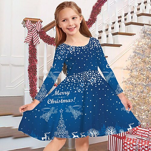 

Kids Girls' Christmas Dress Letter Casual Dress Above Knee Dress Christmas Gifts Crewneck Long Sleeve Adorable Dress 2-13 Years Winter Blue