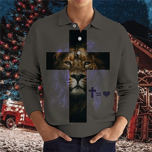 

Men's Collar Polo Shirt Golf Shirt Animal Lion Graphic Prints Cross Turndown Green Brown 3D Print Outdoor Street Long Sleeve Button-Down Print Clothing Apparel Fashion Designer Casual Soft