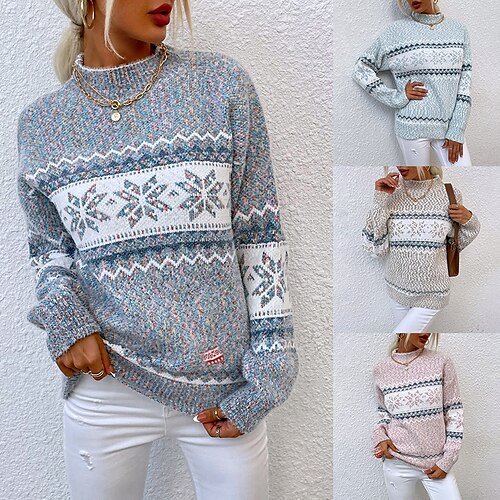 

Women's Ugly Christmas Sweater Pullover Sweater Jumper Ribbed Knit Knitted Snowflake Turtleneck Vintage Style Christmas Holiday Winter Fall Blue Pink S M L / Long Sleeve / Regular Fit