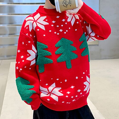 

Kids Boys Christmas Sweater Christmas Tree Long Sleeve Crewneck Christmas Gifts Fashion Red Winter Clothes 7-13 Years