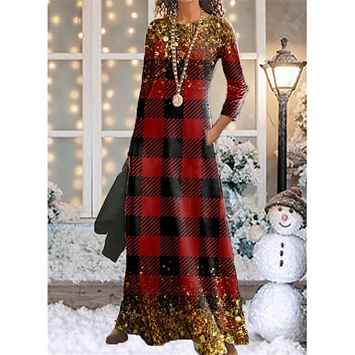 

robe décontractée de noël pour femmes robe swing vin manches longues poche à carreaux hiver automne automne ras du cou mode vacances quotidiennes 2022 s m l xl xxl 3xl