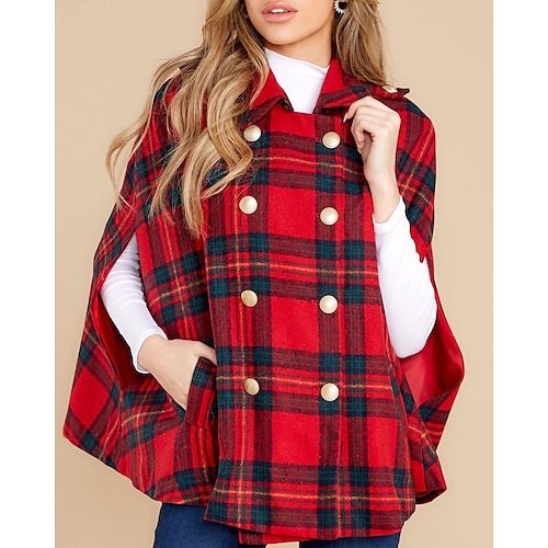 

Women's Shirt Shrugs Black Pink Red Plaid Button Pocket Long Sleeve Casual Weekend Ponchos Capes Shirt Collar Regular S