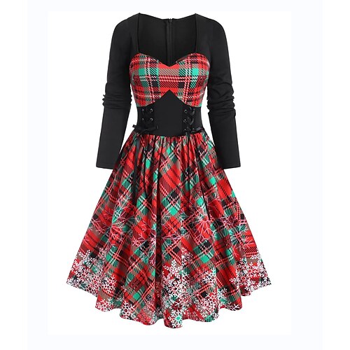 

Women's Swing Dress Midi Dress Red Long Sleeve Plaid Zipper Winter Fall Autumn V Neck Modern Christmas Vacation 2022 S M L XL XXL 3XL