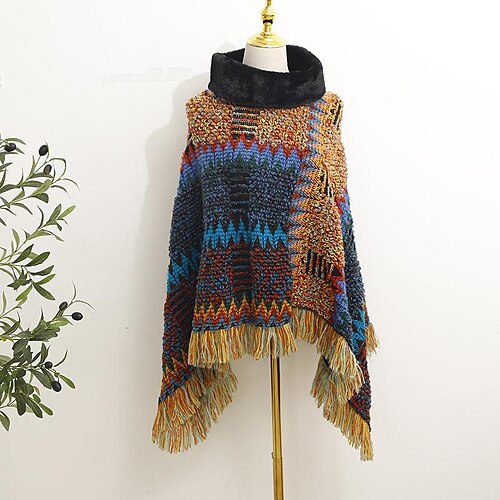 

Women's Shirt Shrugs Blue Orange Red Geometric Tassel Crochet Long Sleeve Casual Ponchos Ethnic High Neck Regular Geometric 8080cm