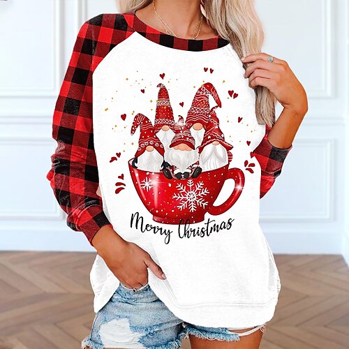 

Women's Sweatshirt Pullover Basic Red Plaid Gnome Christmas Round Neck Long Sleeve S M L XL 2XL 3XL