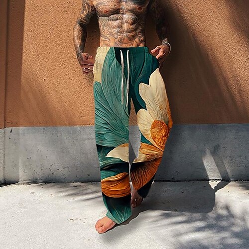 

Men's Trousers Beach Pants Drawstring Elastic Waist 3D Print Graphic Prints Flower / Floral Comfort Breathable Casual Daily Holiday Streetwear Designer Blue Gray