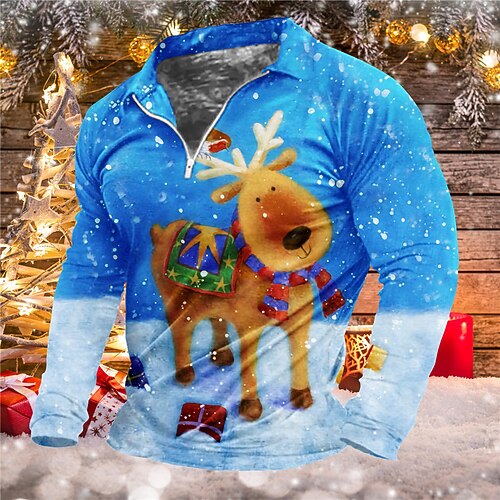

Men's Collar Polo Shirt Golf Shirt Animal Elk Graphic Prints Turndown Blue Orange 3D Print Christmas Street Long Sleeve Zipper Print Clothing Apparel Fashion Designer Casual Soft