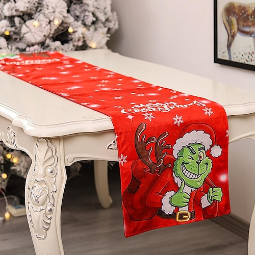 

Christmas Grinch Table Runner, Seasonal Winter Xmas Holiday Kitchen Dining Table Decoration for Indoor Outdoor Home Party Decor