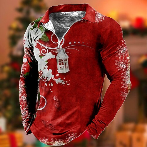 

Men's Collar Polo Shirt Golf Shirt Floral Graphic Prints Turndown Green Pink Yellow Wine Gray 3D Print Christmas Street Long Sleeve Zipper Print Clothing Apparel Fashion Designer Casual Breathable