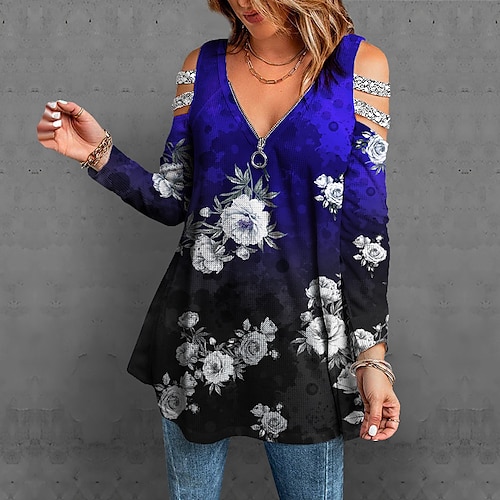 

Women's Blouse Shirt Green Blue Purple Floral Cut Out Flowing tunic Long Sleeve Holiday Weekend Basic V Neck Regular Floral S