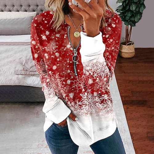 

Women's Sweatshirt Pullover Active Streetwear Zipper Green Blue Purple Snowflake Christmas V Neck Long Sleeve S M L XL 2XL 3XL