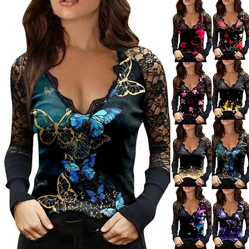 

Women's Blouse Lace Butterfly Heart Sparkly Raglan Sleeves Regular Spring & Fall Love red Golden butterfly Love pink Green Blue