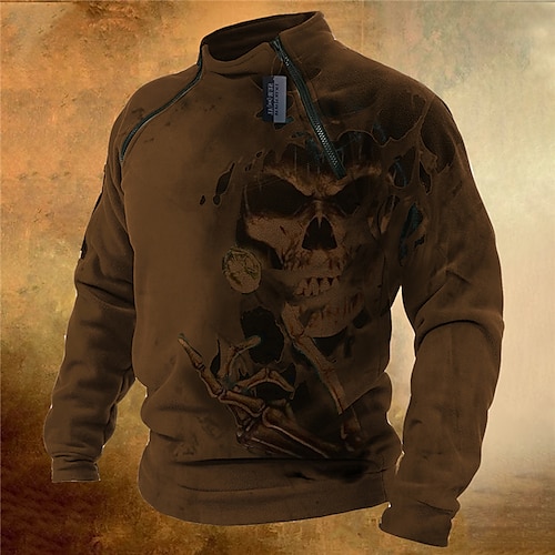

Men's Pullover Quarter Zipper Sweatshirt Brown High Neck Skull Graphic Prints Zipper Print Casual Daily Sports 3D Print Basic Casual Big and Tall Spring Fall Clothing Apparel Hoodies Sweatshirts