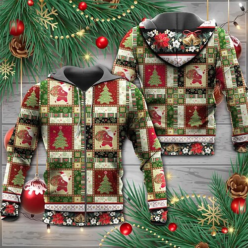 

Men's Full Zip Hoodie Jacket Green Blue Hooded Santa Claus Christmas Tree Graphic Prints Zipper Print Christmas Sports & Outdoor Daily 3D Print Streetwear Designer Casual Spring & Fall Clothing