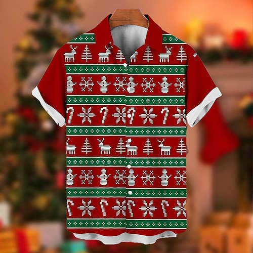 

Men's Shirt Snowflake Turndown Red 3D Print Christmas Street Short Sleeves Button-Down Print Clothing Apparel Fashion Designer Casual Breathable / Summer / Spring / Summer