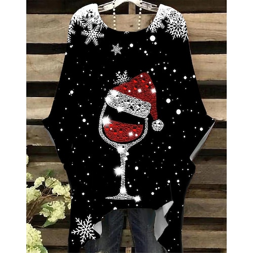 

Women's Plus Size Christmas Tops T shirt Tee Hat Snowflake Print Half Sleeve Crew Neck Casual Festival Daily Cotton Spandex Jersey Winter Fall Black