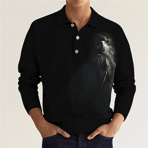 

Men's Collar Polo Shirt Golf Shirt Animal Graphic Prints Eagle Turndown Black Blue 3D Print Outdoor Street Long Sleeve Button-Down Print Clothing Apparel Fashion Designer Casual Soft