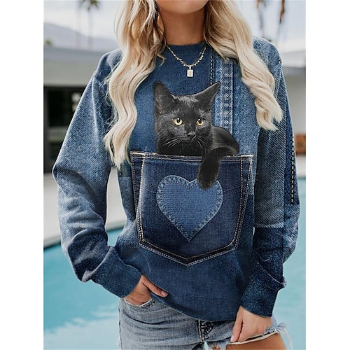

Women's Sweatshirt Pullover Basic Green Blue Light Blue Graphic Cat Dog Street Round Neck Long Sleeve S M L XL 2XL