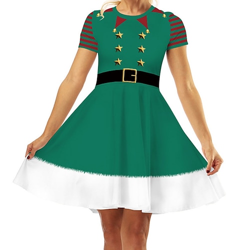 

Women's Swing Dress Mini Dress Green Short Sleeve Geometric Patchwork Winter Fall Autumn Crew Neck Modern Christmas Daily 2022 S M L XL