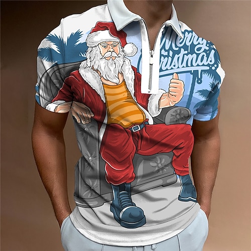 

Men's Collar Polo Shirt Golf Shirt Letter Santa Claus Graphic Prints Turndown Blue 3D Print Christmas Street Short Sleeves Zipper Print Clothing Apparel Fashion Designer Casual Breathable