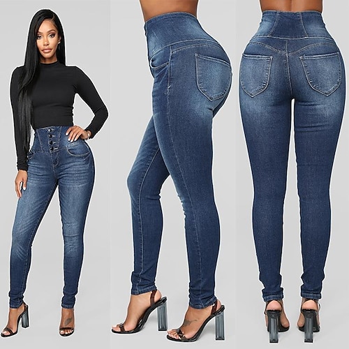 

Women's Tapered pants Jeans Cotton Dark Blue High Waist Streetwear Casual Going out Casual Daily Full Length Outdoor Solid Colored S M L XL 2XL