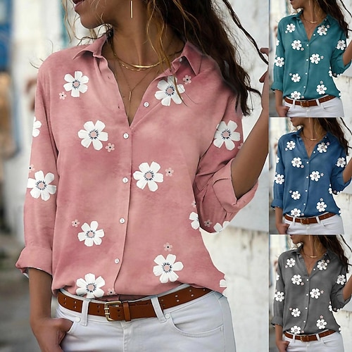 

Women's Blouse Button Floral Print Basic Shirt Collar Standard Spring, Fall, Winter, Summer Green Blue Pink Grey