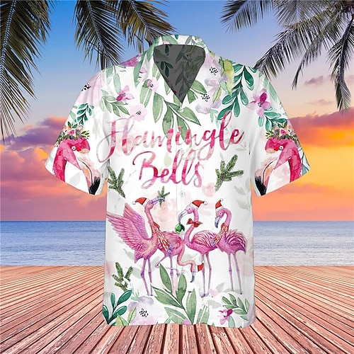 

Men's Shirt Camp Shirt Aloha Shirt Flamingo Graphic Prints Leaves Turndown White 3D Print Christmas Street Short Sleeve Button-Down Print Clothing Apparel Fashion Designer Casual Breathable