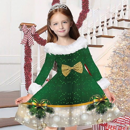

Kids Girls' Christmas Dress Snowflake Casual Dress Above Knee Dress Christmas Gifts Fur Trim Crew Neck Long Sleeve Adorable Dress 2-13 Years Winter Green Wine