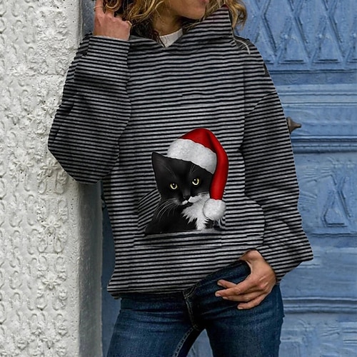

Women's Hoodie Sweatshirt Pullover Basic Black Pink Red Cat Striped Street Hoodie Long Sleeve S M L XL 2XL 3XL