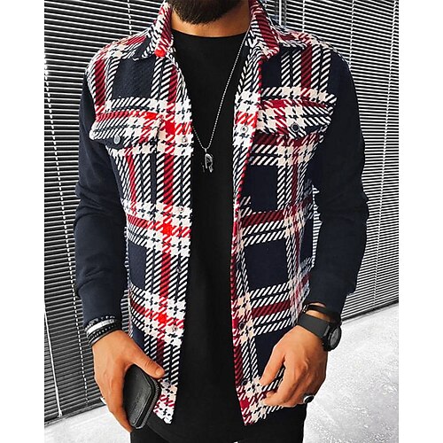 

Men's Shirt Overshirt Shirt Jacket Plaid Check Turndown Red Long Sleeve Street Daily Button-Down Tops Basic Fashion Casual Comfortable