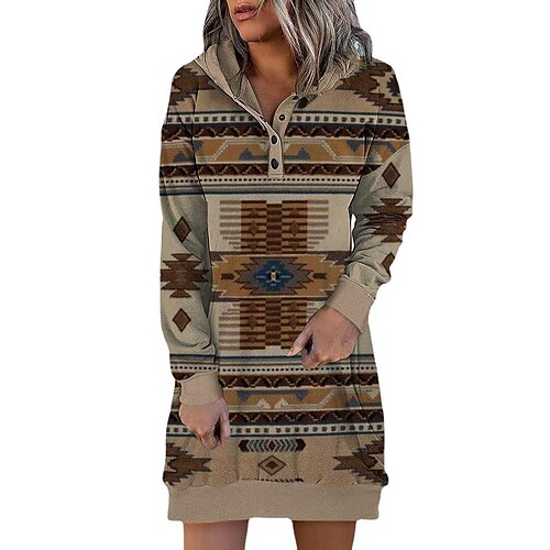 

Women's Hoodie Dress Basic Ethnic Button Black Khaki Red Geometric Street Hoodie Long Sleeve S M L XL 2XL 3XL