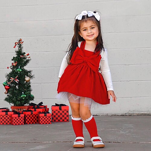 

Kids Girls' Christmas Dress Solid Color A Line Dress Above Knee Dress Outdoor Crew Neck Long Sleeve Active Dress 3-7 Years Winter Red