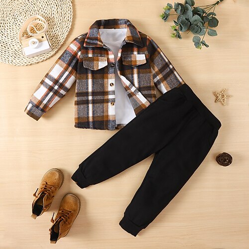 

2 Pieces Toddler Boys T-shirt & Pants Outfit Plaid Long Sleeve Set Outdoor Basic Fashion Winter Fall 3-7 Years Coffee