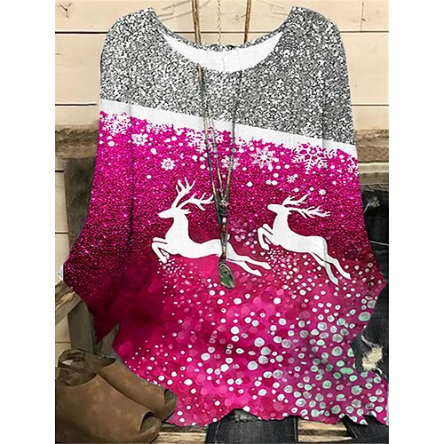 

Women's Plus Size Christmas Tops Blouse Shirt Deer Snowflake Print Long Sleeve Crew Neck Casual Festival Daily Polyester Winter Fall Light Blue Blue