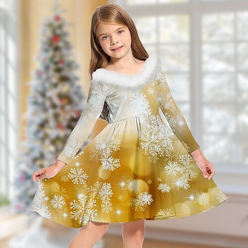 

Kids Girls' Christmas Dress Snowflake Casual Dress Above Knee Dress Christmas Gifts Fur Trim Long Sleeve Adorable Dress 2-13 Years Winter Blue Gold