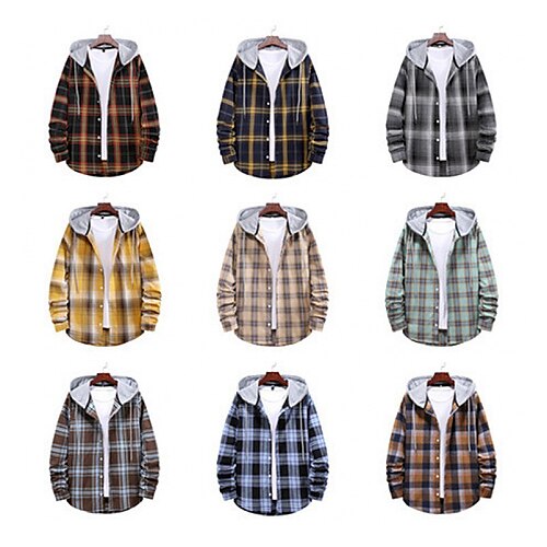 

Men's Shirt Overshirt Shirt Jacket Plaid Check Hooded Gray Long Sleeve Other Prints Outdoor Street Button-Down Print Tops Fashion Lightweight Casual Classic