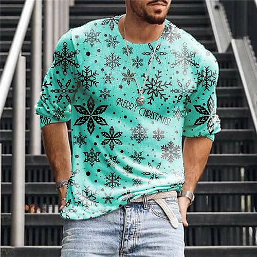 

Men's T shirt Tee Graphic Prints Snowflake Crew Neck Blue Red 3D Print Christmas Daily Long Sleeve Print Clothing Apparel Basic Streetwear Designer Casual