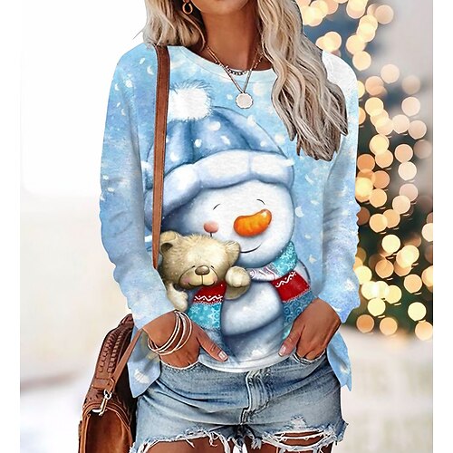 

Women's T shirt Tee Blue Snowman Print Long Sleeve Christmas Weekend Basic Round Neck Regular Painting S