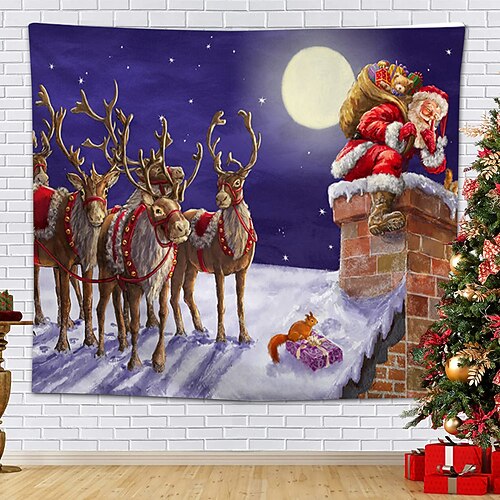 

Christmas Santa Claus Holiday Party Wall Tapestry Photography Background Art Decor Blanket Hanging Home Bedroom Living Room Decoration Tree Snowman Elk Snowflake Candle Gift Fireplace