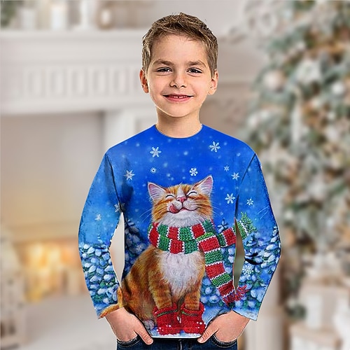 

Toddler Boys Christmas T shirt Tee Animal Cat Ugly Christmas Long Sleeve Crewneck Children Top Casual 3D Print Cute Daily Winter Fall Blue 7-13 Years