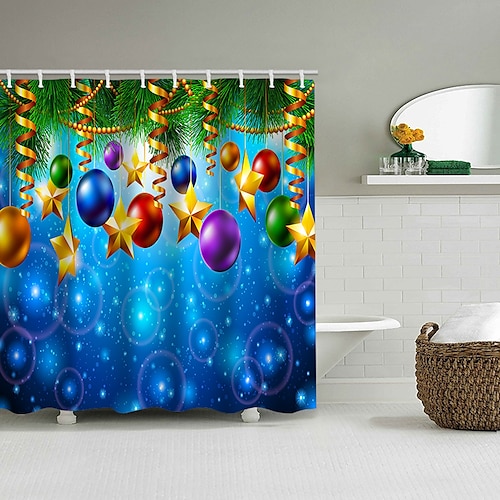 

Christmas Ball Shower Curtain Colorful Merry Christmas Ball Green Pine Branch Twig Star Seasonal Festival Winter Holiday Happy New Year Bathroom Decor Fabric Curtain with Hooks